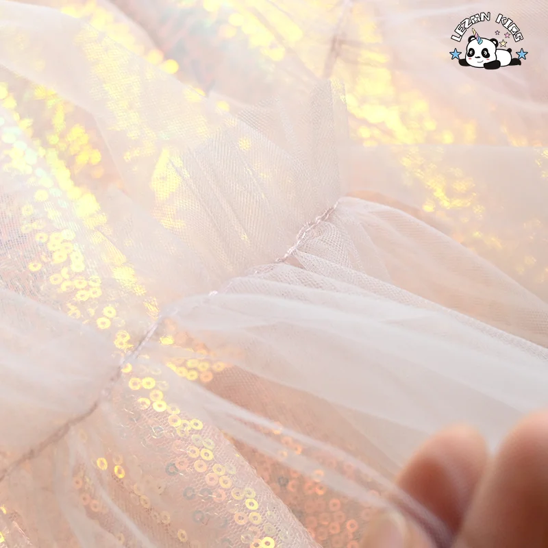 LEZONKIDS - New Shiny Pink Ruffle Sleeve A- Line Little Girls Sequin Tulle Dresses Casual for Summer